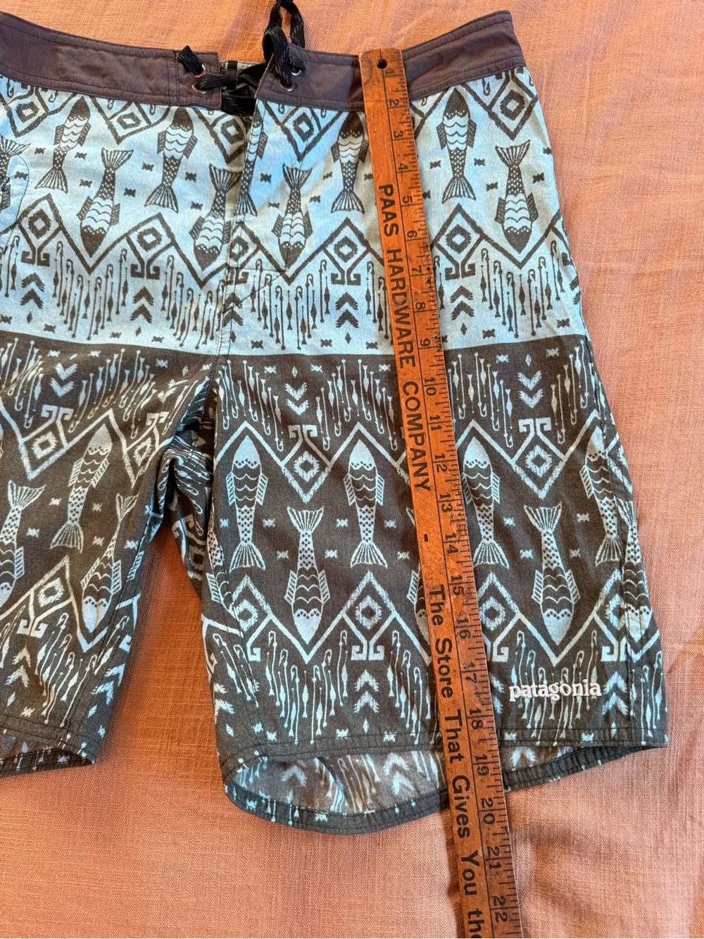 Patagonia Aqua and Charcoal Fish-Pattern Swim Board Shorts